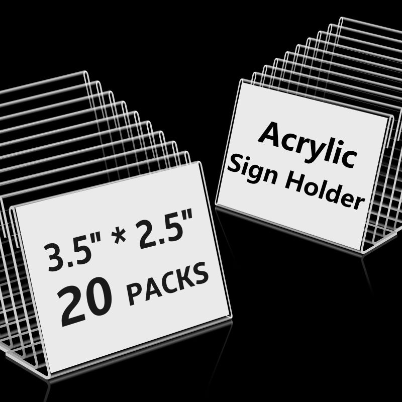 Daletu 20 PCS 3.5 x 2.5 inch Small Acrylic Sign Holder, Mini Acrylic Food Signs Labels for Party Buffet, Retail Price Display Holder, Clear Plastic Counter Top Stand for Place Cards, Name Card, Wedding Signs - Image 1